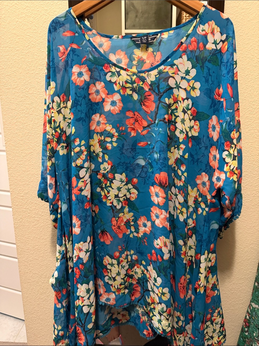 Lands' End Teal Floral Scoop Neck Swim Coverup